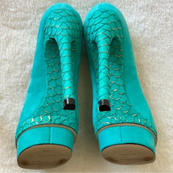 B Brian Atwood Fontanne Turquoise Ultra Suede and Snake Print Heels - Picture 6 of 8